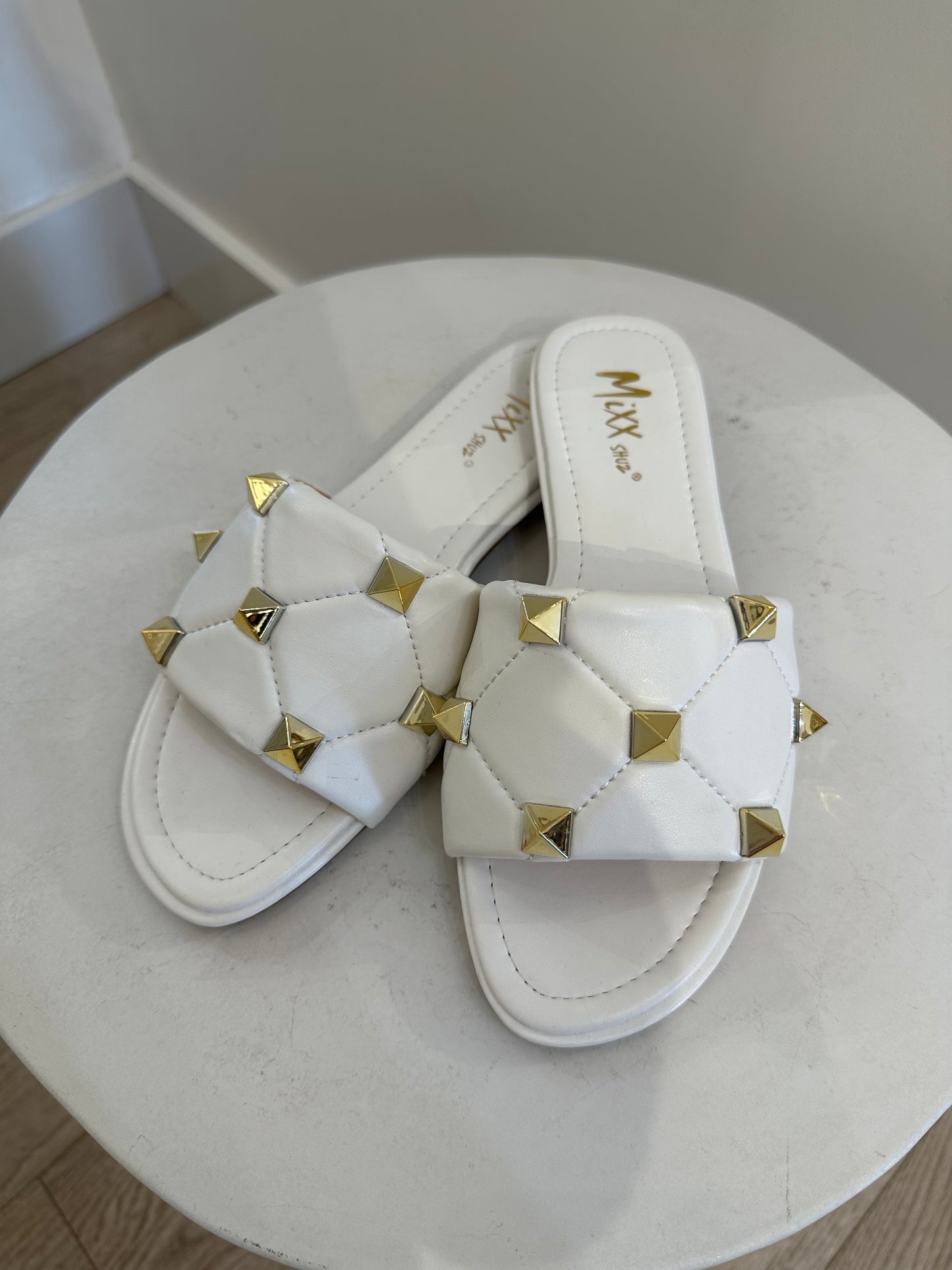 Valentina White Stud Slides