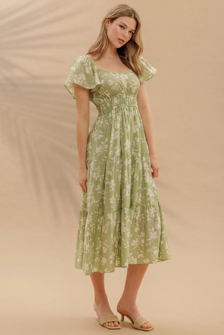 Adeline Olive Floral Midi Dress