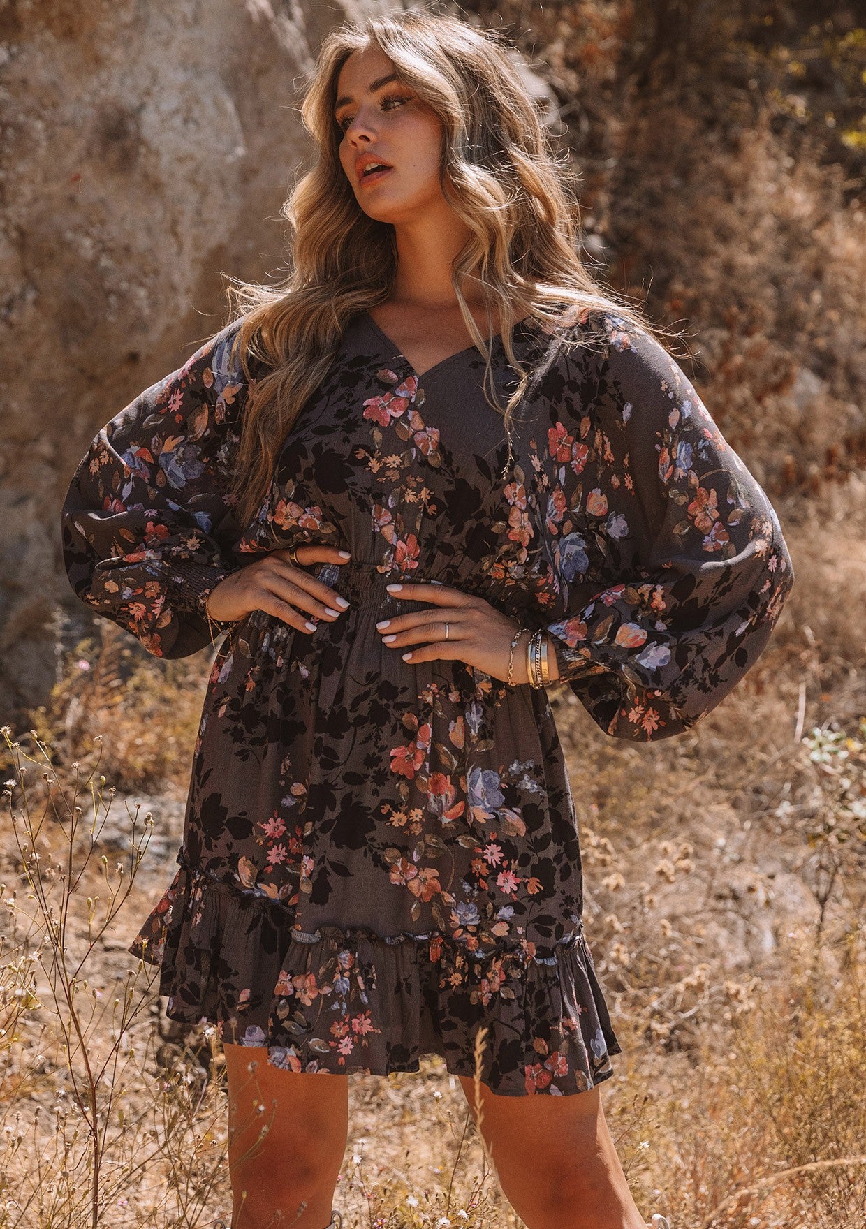 Isabel Charcoal Floral LS Mini Dress