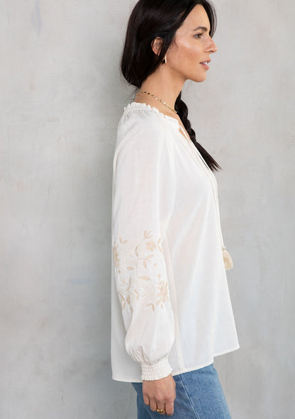Luna Ivory Peasant Embroidered LS Blouse