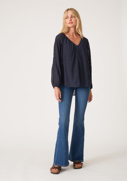Lindsey Ink Blue Embroidered LS Blouse
