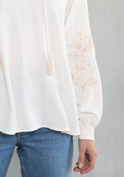 Luna Ivory Peasant Embroidered LS Blouse