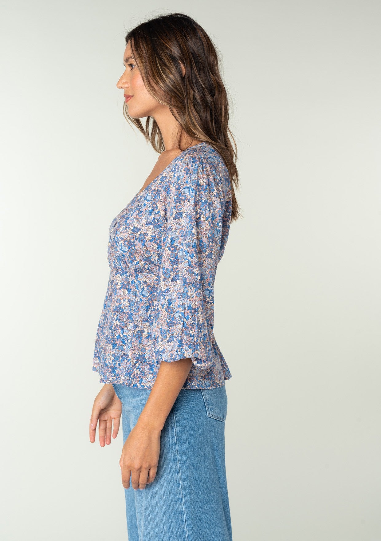 Savannah Blue/Coral Peplum LS Blouse