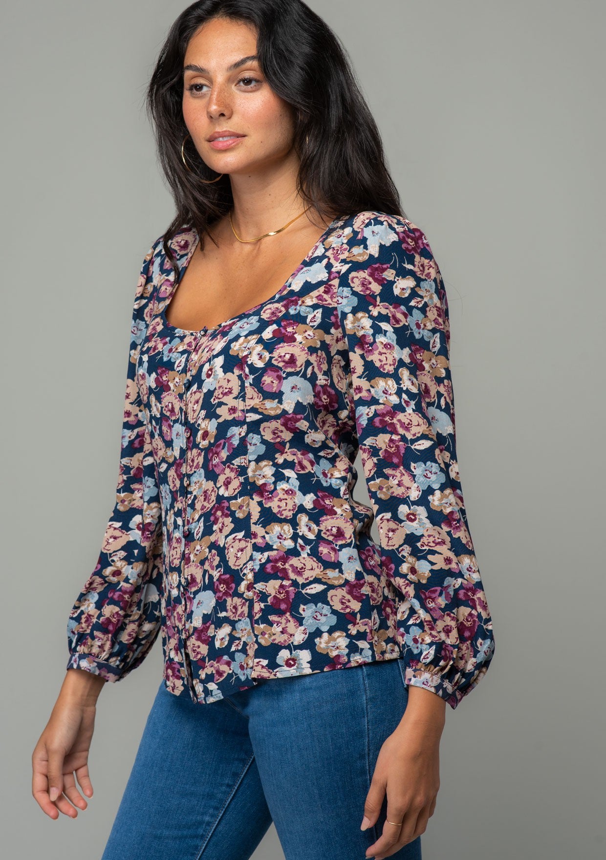 Gia Navy Floral Button LS Blouse