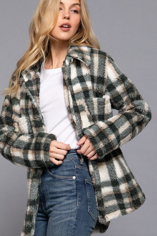 Olivia Olive Fuzzy Plaid Jacket Free Bird