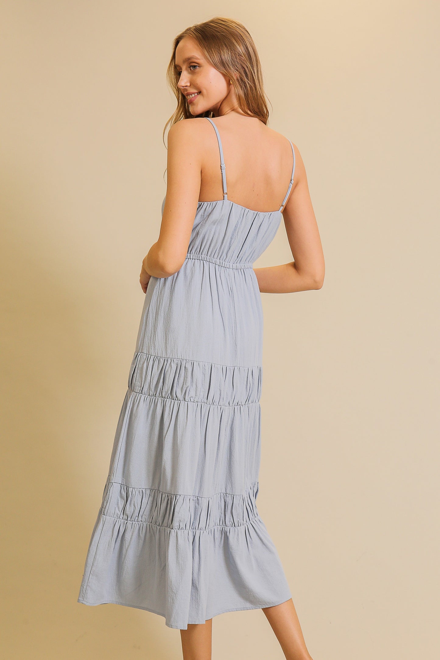 Ella Blue Flowy Tiered Midi Dress