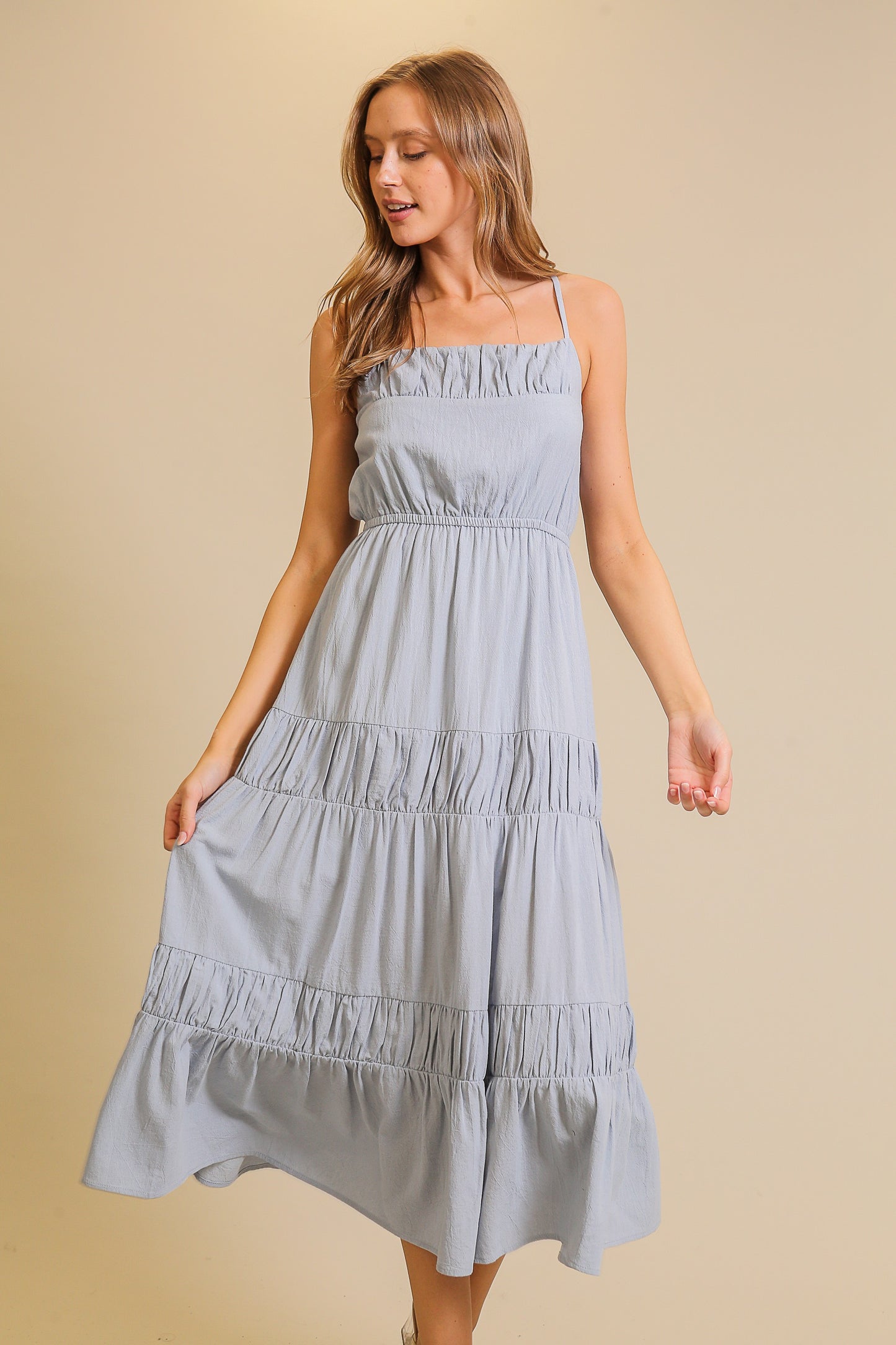 Ella Blue Flowy Tiered Midi Dress