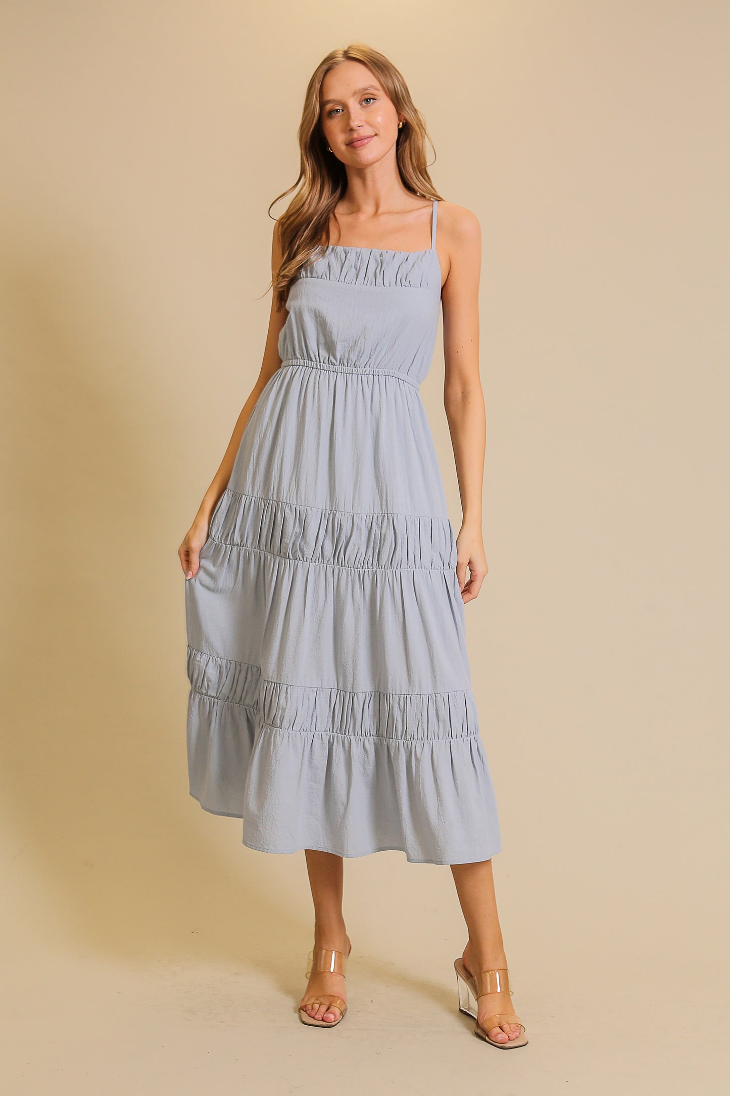 Ella Blue Flowy Tiered Midi Dress