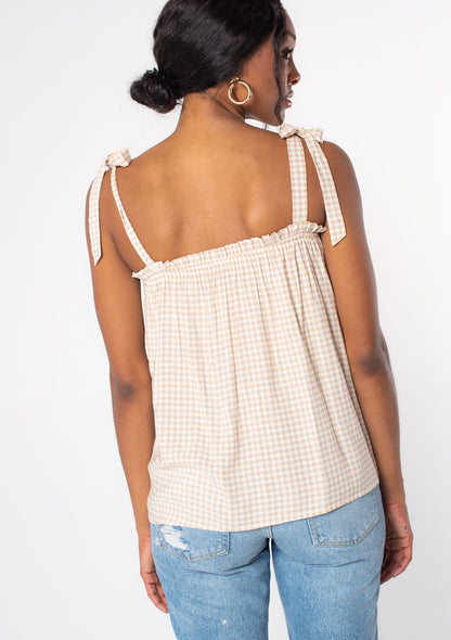 Tan Gingham LS Blouse
