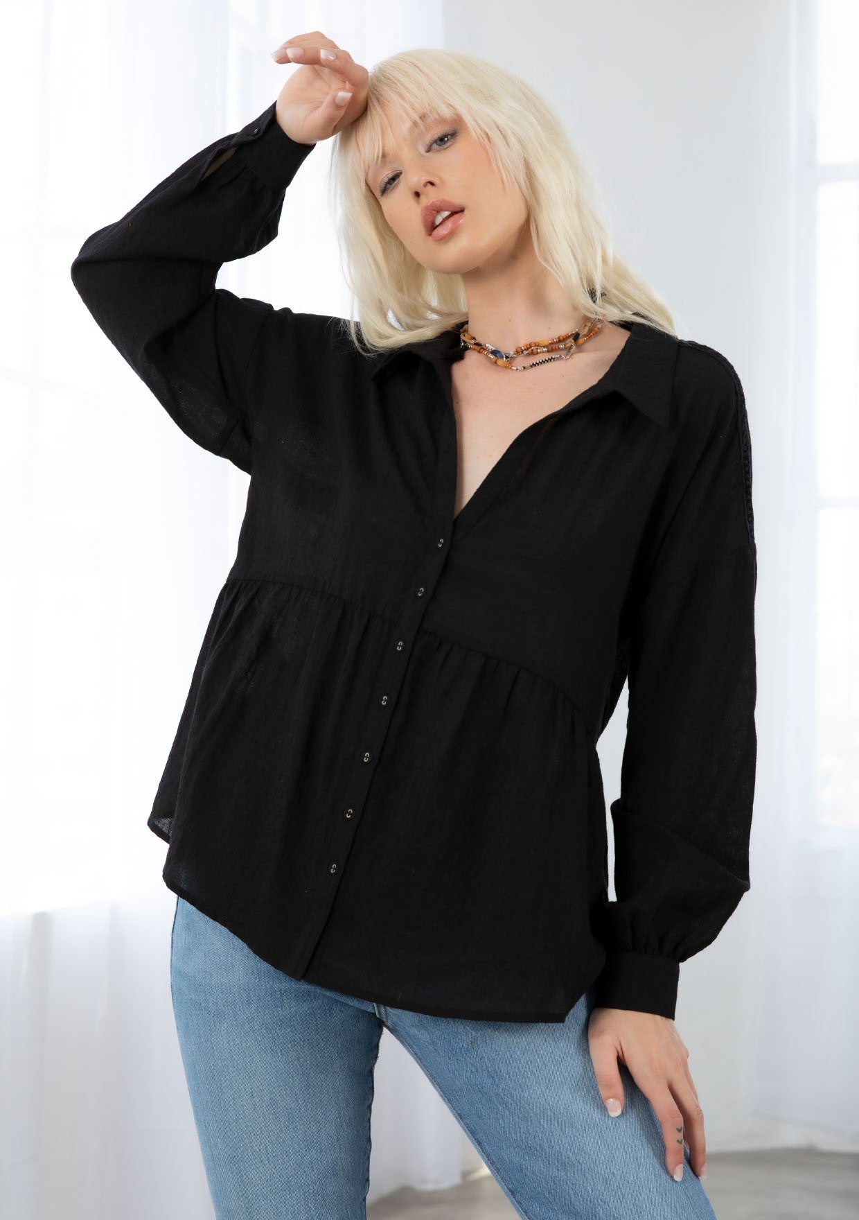 Sandra Black Button LS Blouse