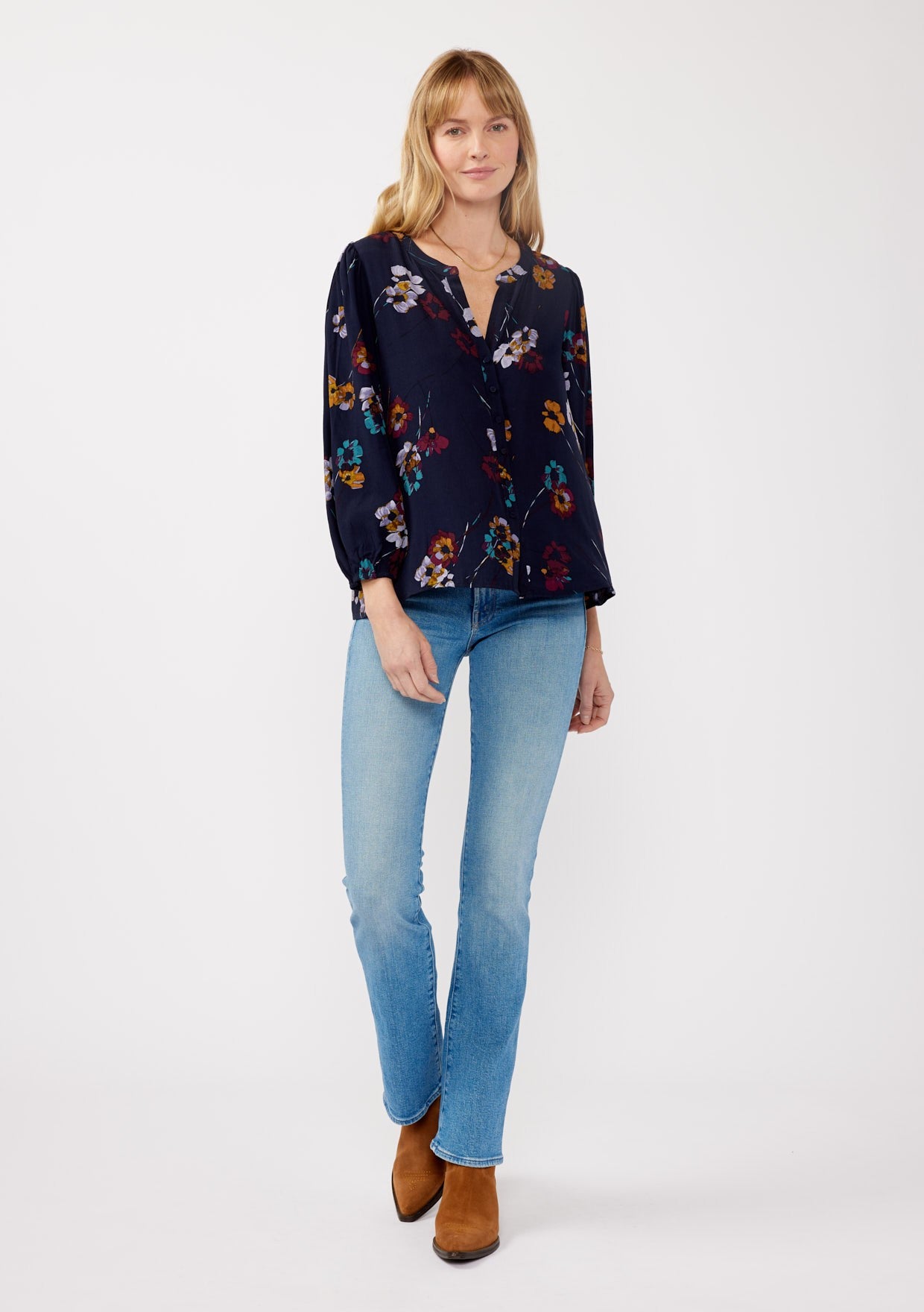 Mary Navy Floral LS Blouse
