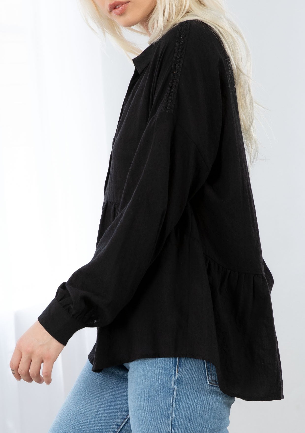 Sandra Black Button LS Blouse