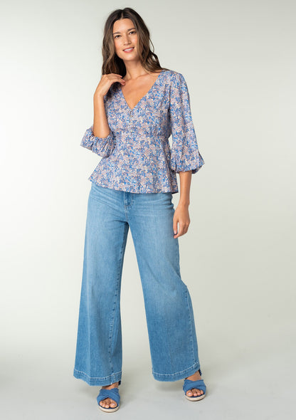 Savannah Blue/Coral Peplum LS Blouse