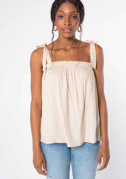 Tan Gingham LS Blouse