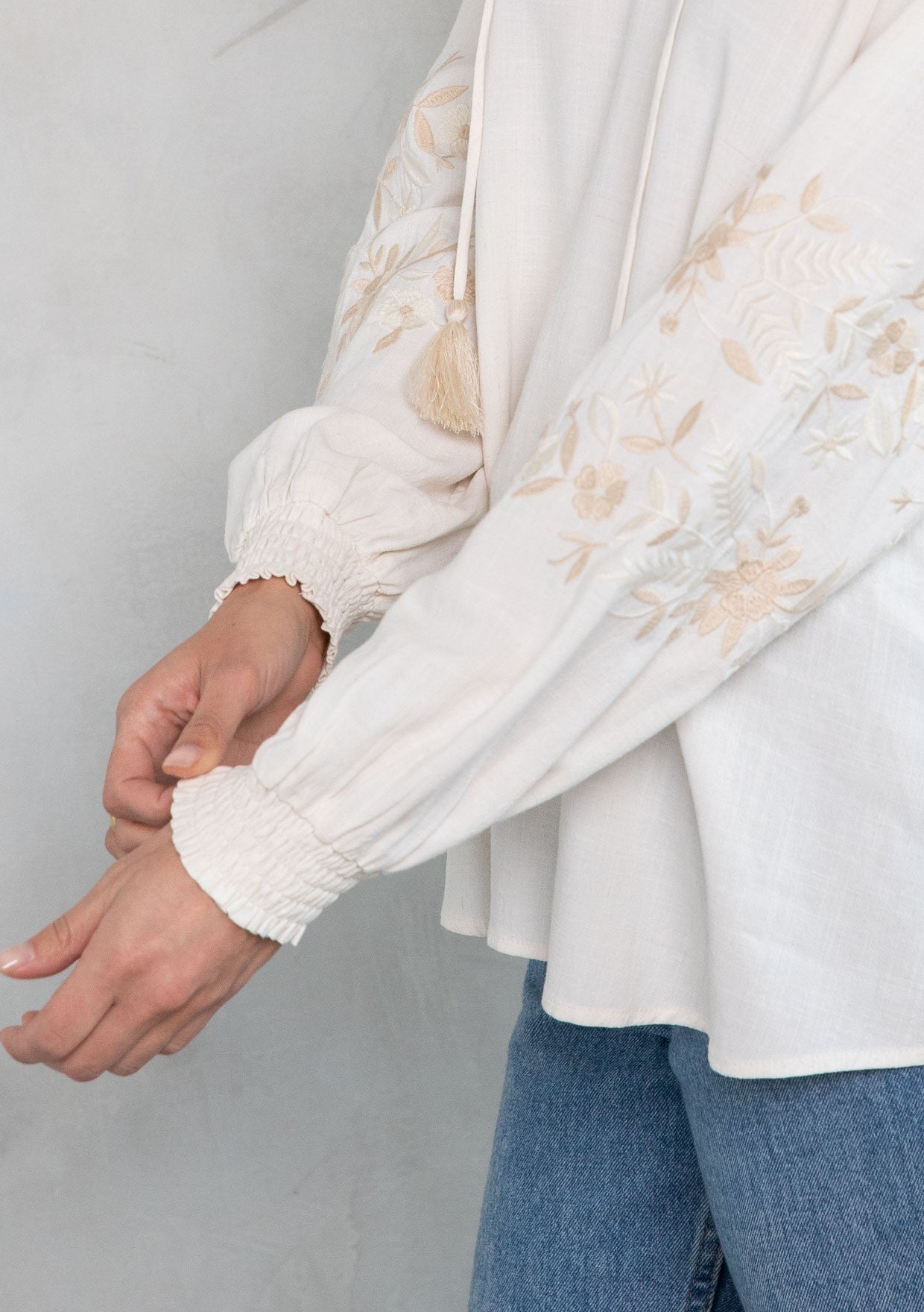 Luna Ivory Peasant Embroidered LS Blouse