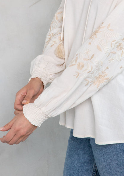 Luna Ivory Peasant Embroidered LS Blouse