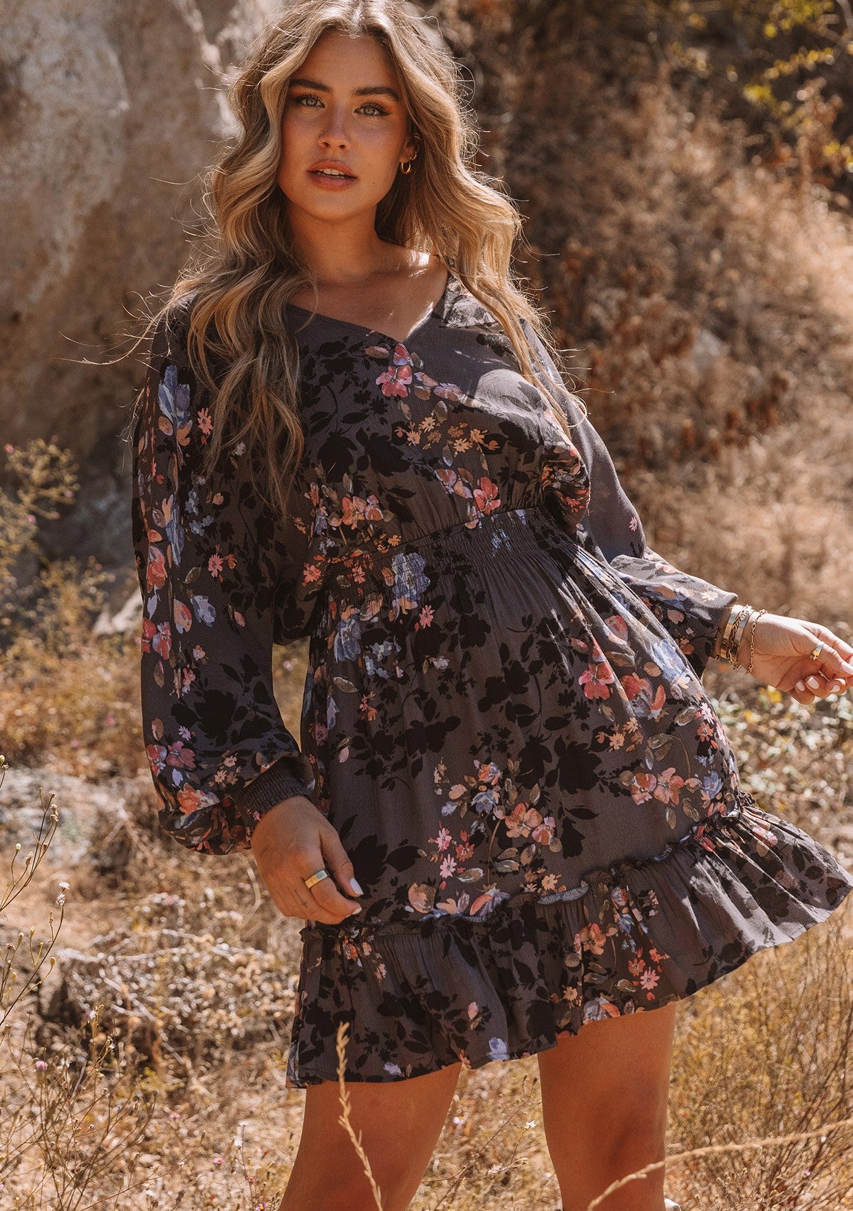 Isabel Charcoal Floral LS Mini Dress