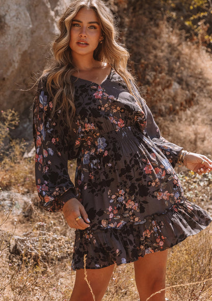 Isabel Charcoal Floral LS Mini Dress