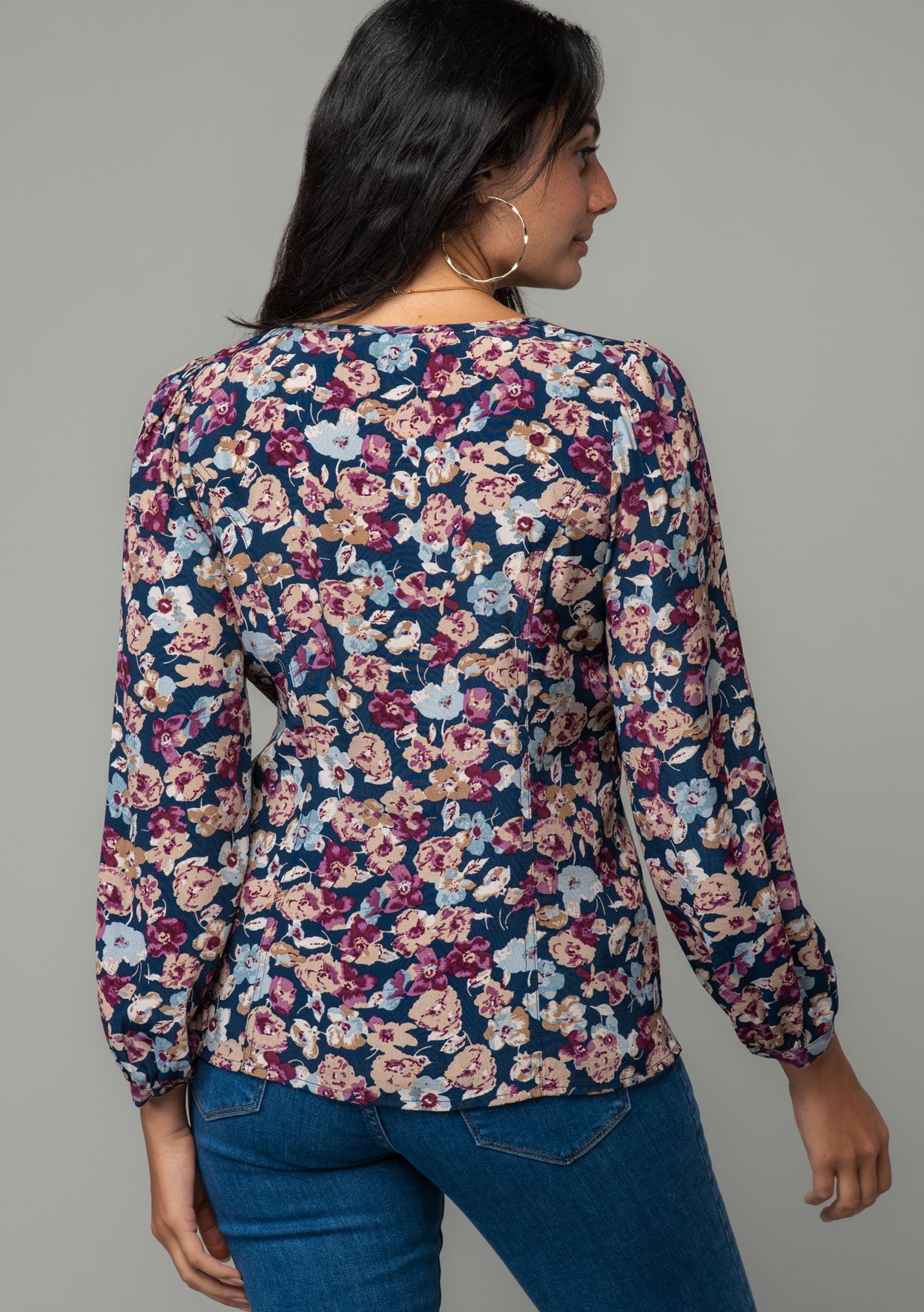 Gia Navy Floral Button LS Blouse
