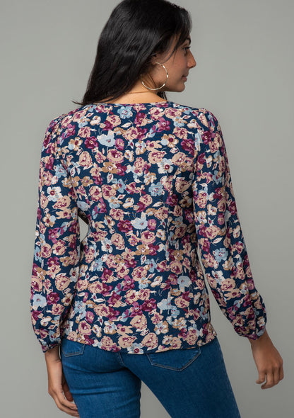 Gia Navy Floral Button LS Blouse