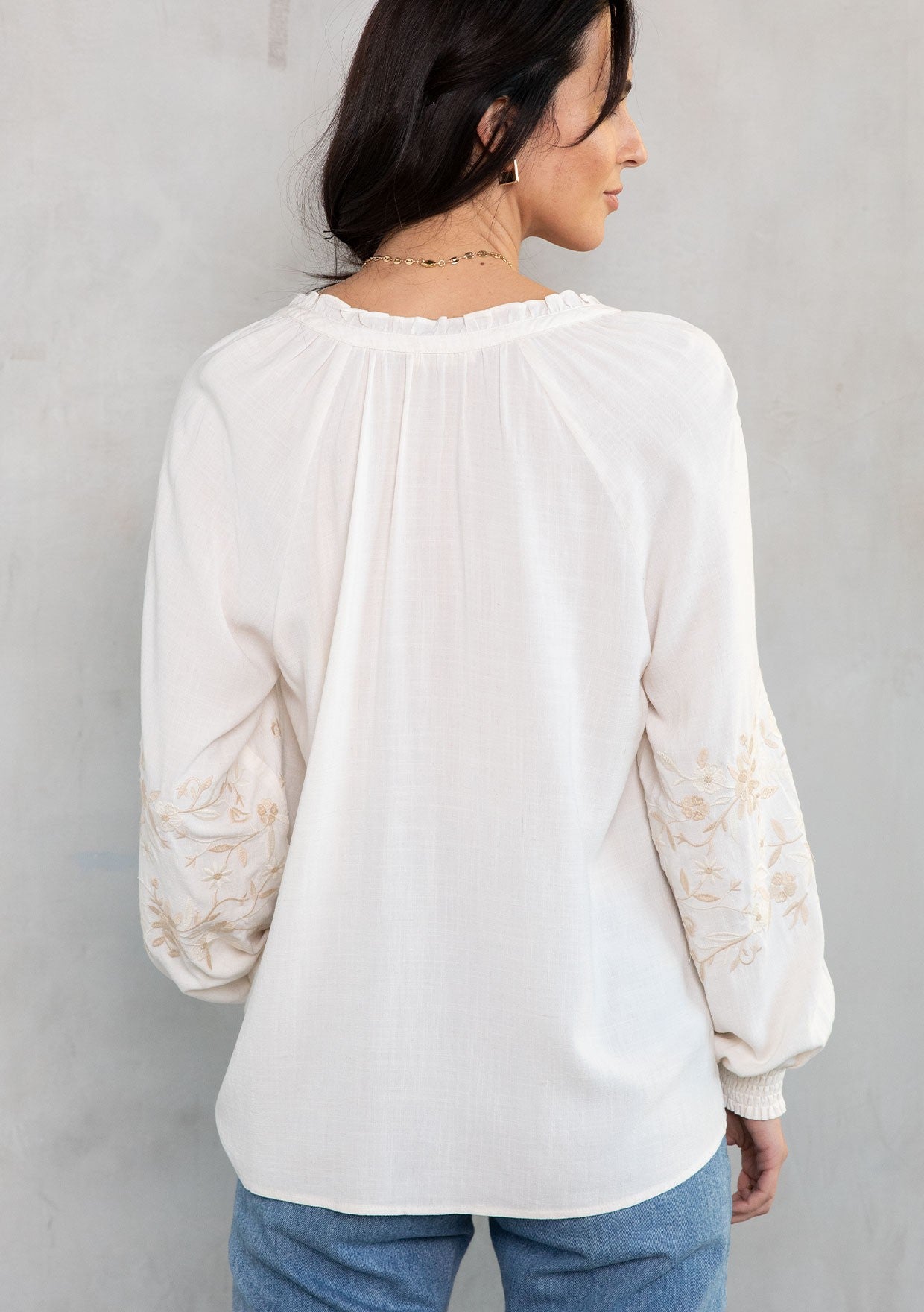 Luna Ivory Peasant Embroidered LS Blouse