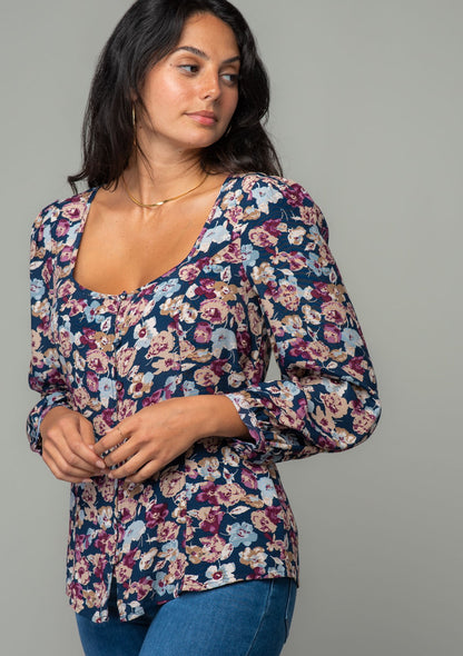 Gia Navy Floral Button LS Blouse