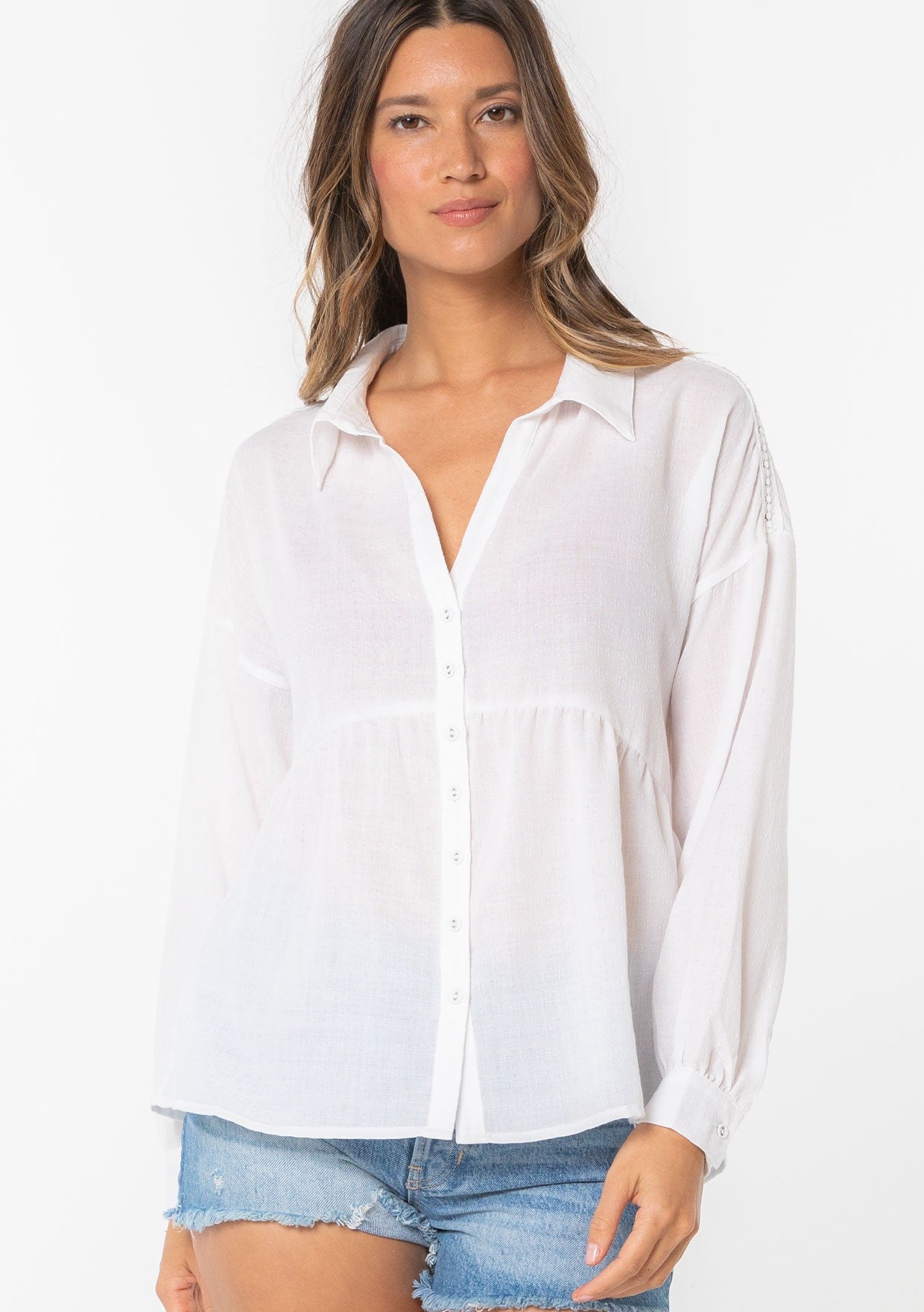 Sandra White Button LS Blouse