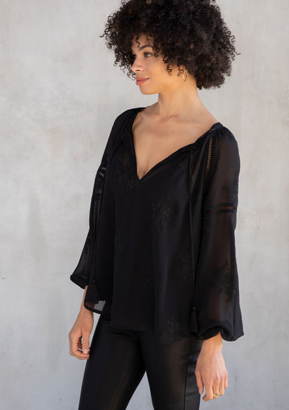 Giselle Black Lace Embroidered LS Blouse