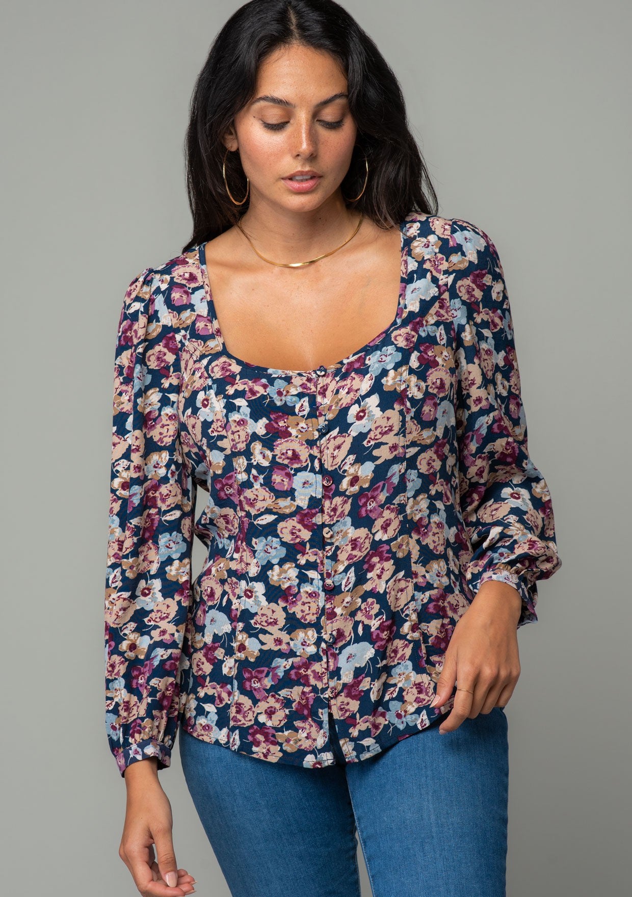 Gia Navy Floral Button LS Blouse