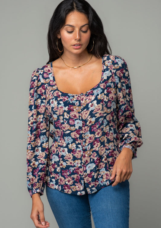 Gia Navy Floral Button LS Blouse