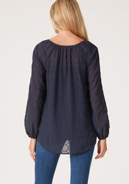 Lindsey Ink Blue Embroidered LS Blouse
