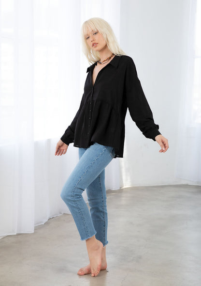 Sandra Black Button LS Blouse