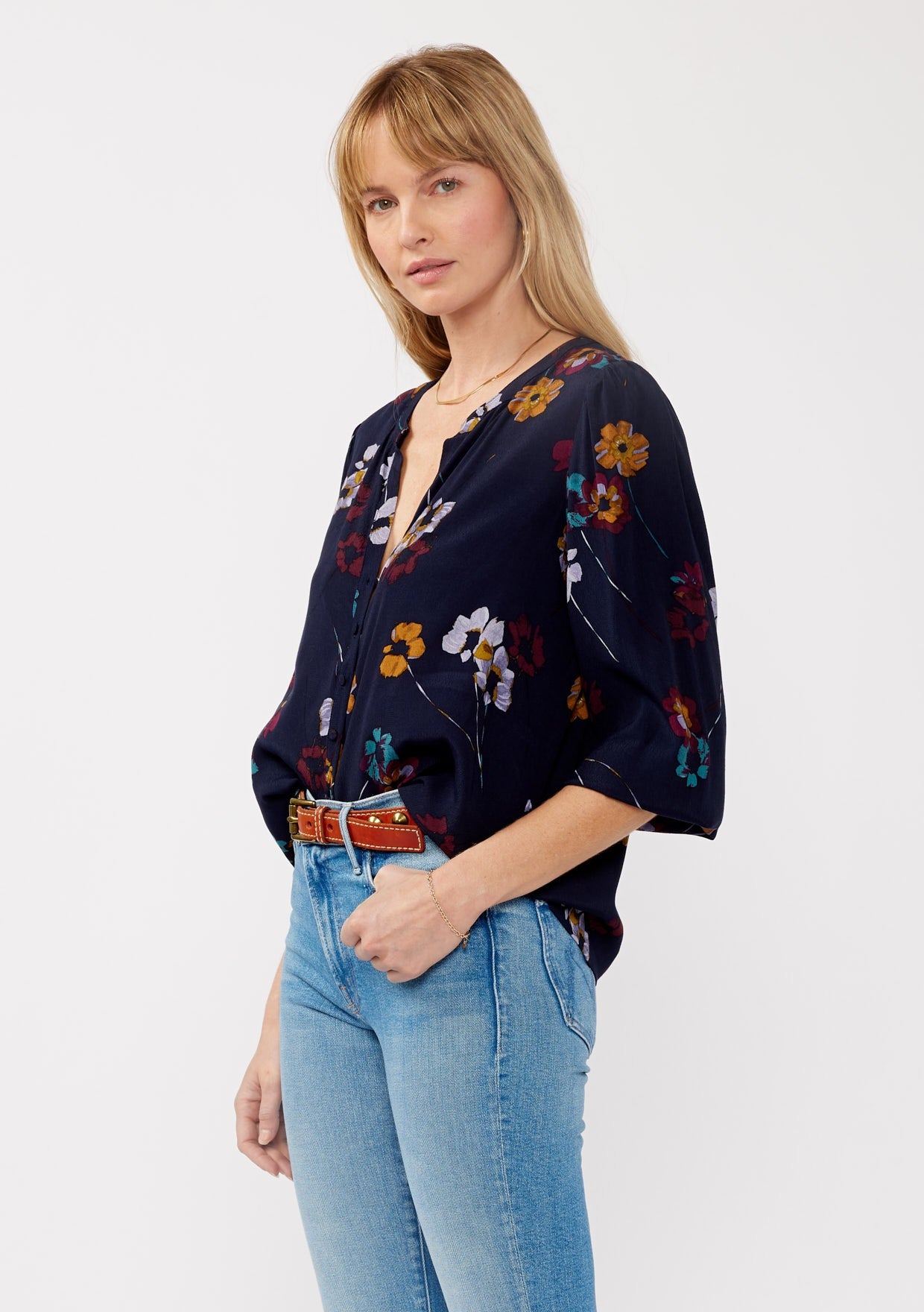 Mary Navy Floral LS Blouse