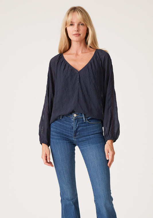 Lindsey Ink Blue Embroidered LS Blouse