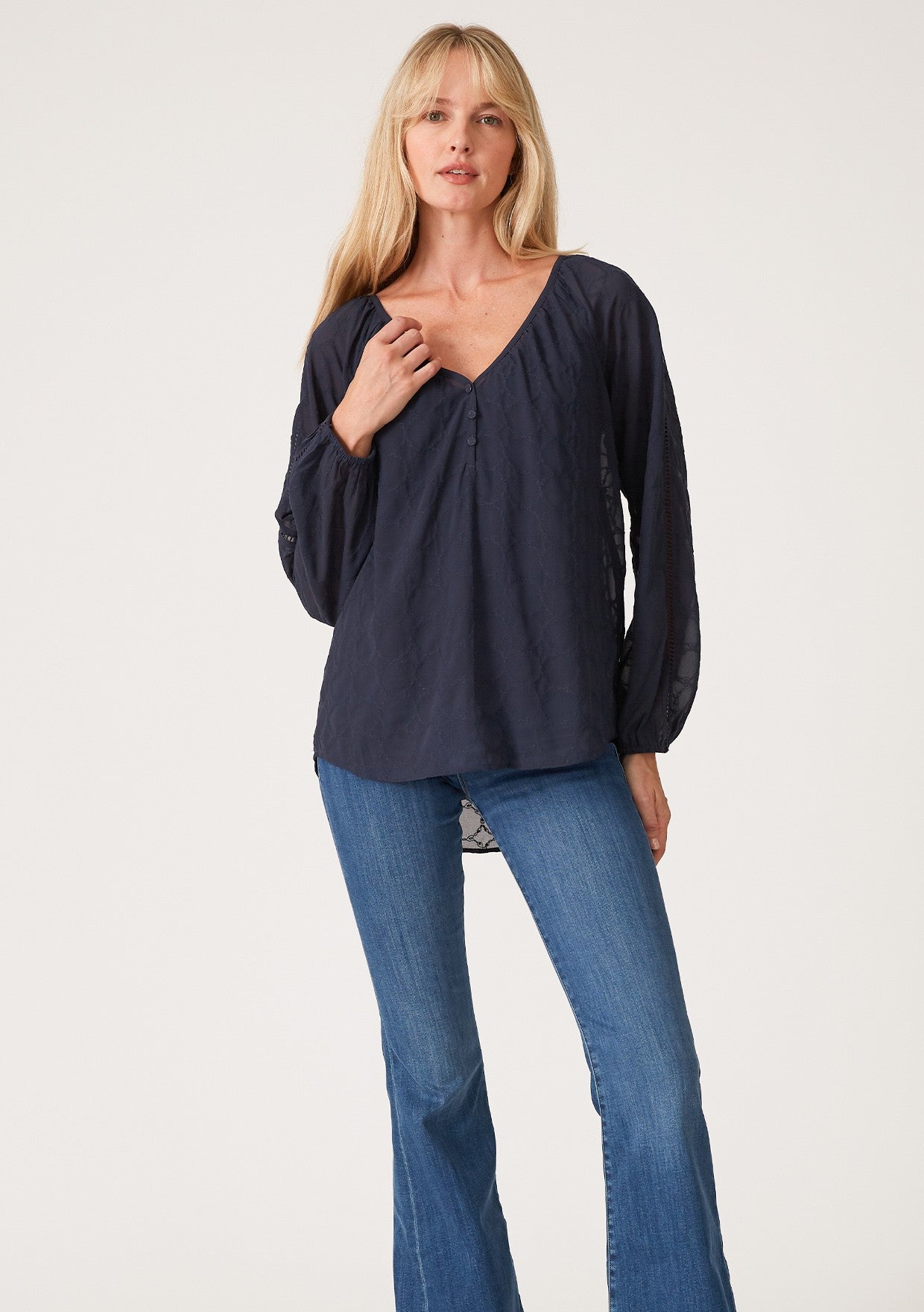 Lindsey Ink Blue Embroidered LS Blouse