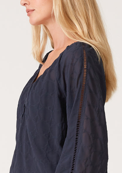 Lindsey Ink Blue Embroidered LS Blouse