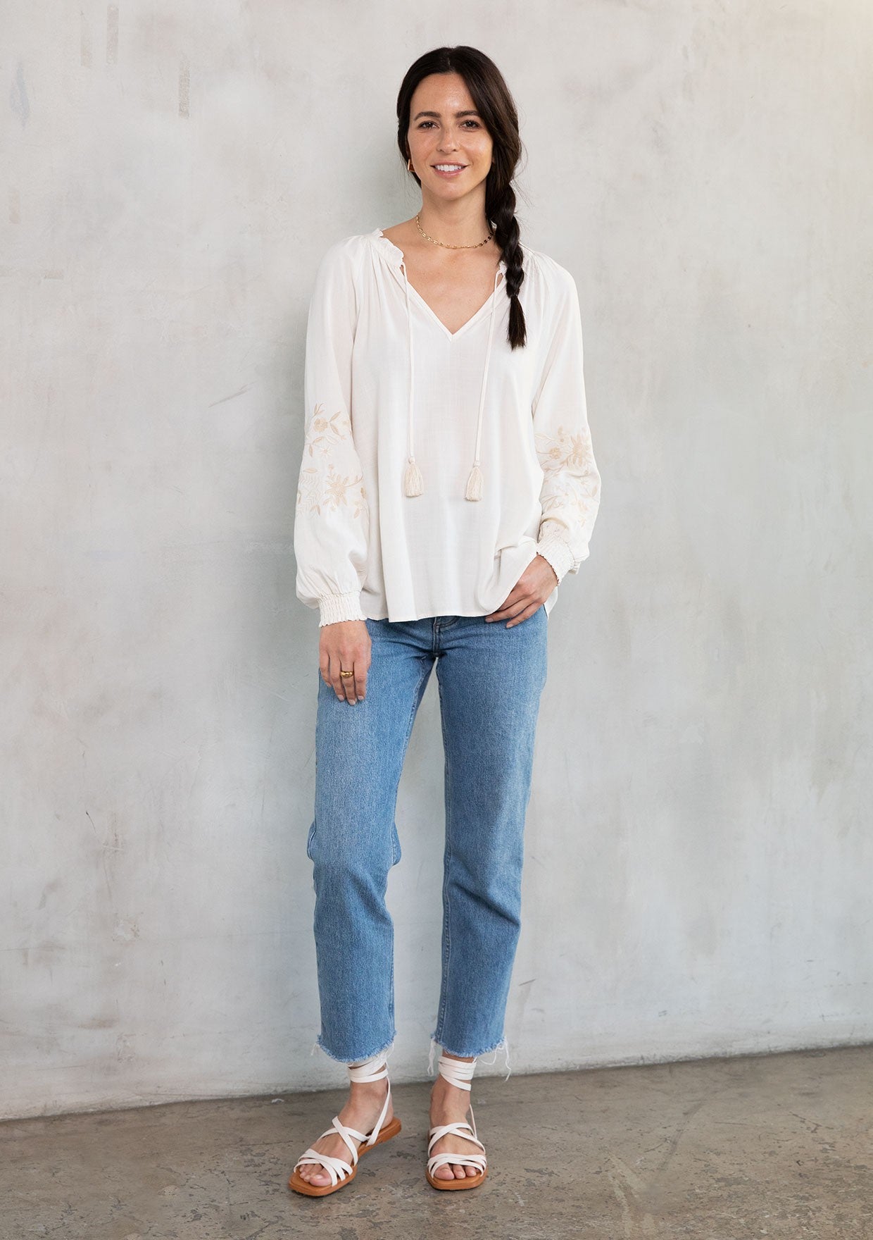 Luna Ivory Peasant Embroidered LS Blouse