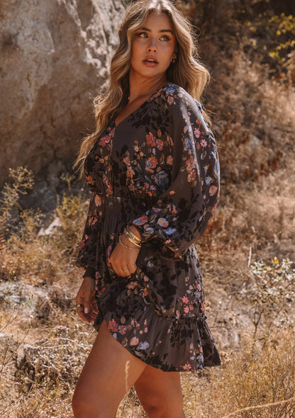 Isabel Charcoal Floral LS Mini Dress