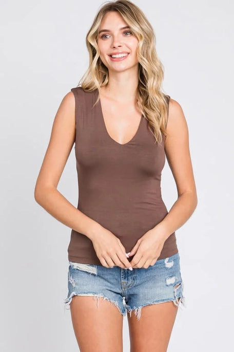 Cynthia Chestnut Wide Shoulder V-Neck Top