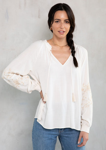 Luna Ivory Peasant Embroidered LS Blouse