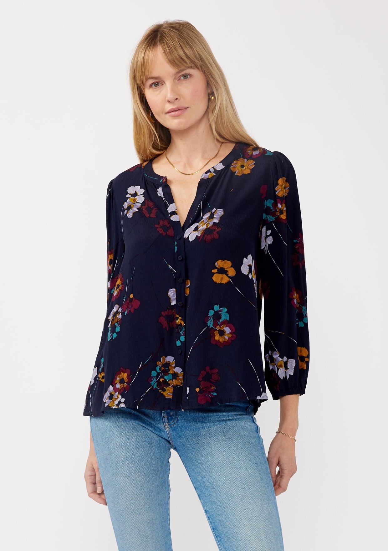 Mary Navy Floral LS Blouse